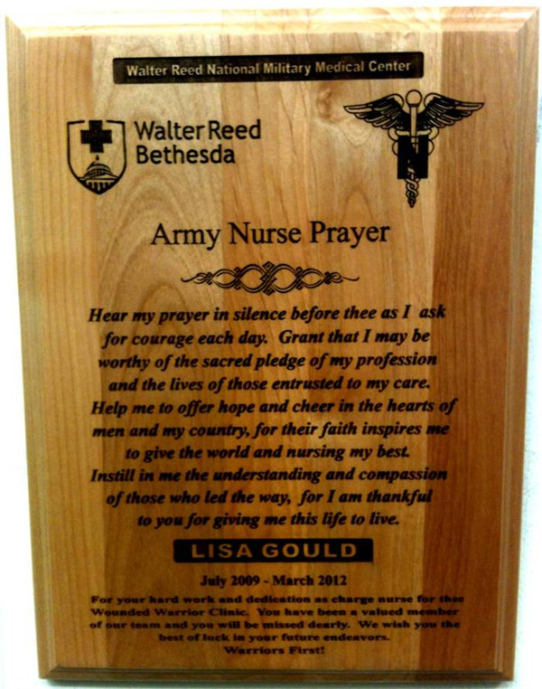 Genuine Red Alder Wood Plaque with Army Nurse Prayer, 9 by 12 inches.