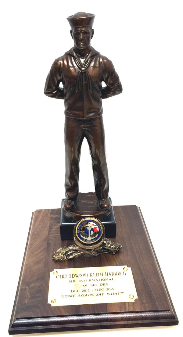 18" tall Navy Sailor at Parade Rest military statue mounted on 8" x 12" genuine walnut base with challenge coin holder.