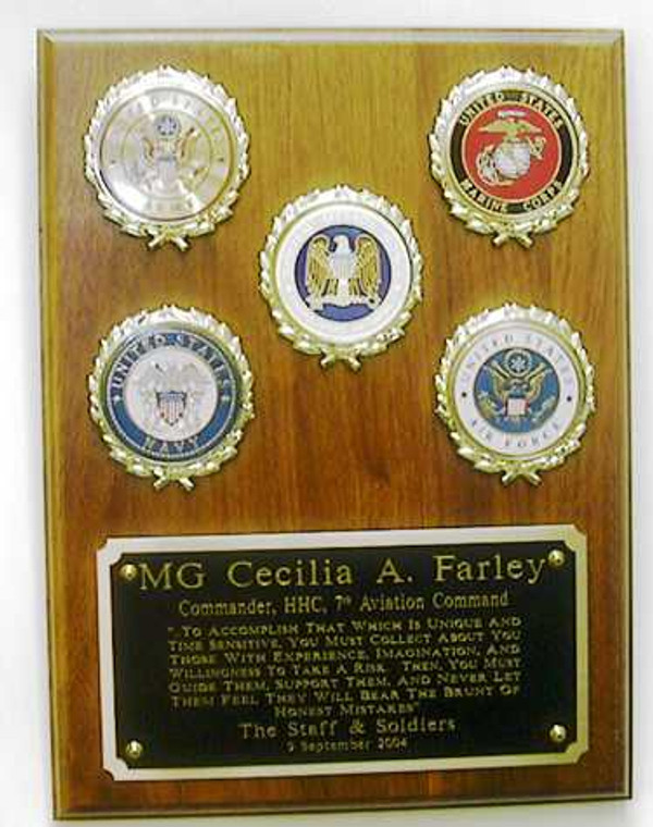 Military Plaque 5 Logos Joint Commands, 9" x 12" genuine walnut.  Specify required logos and their placement.