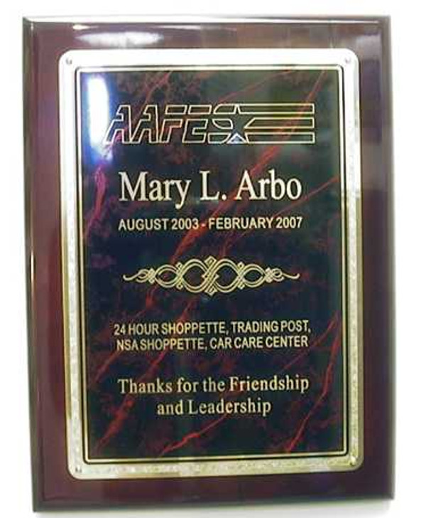 Plaque 9" x 12" rosewood color, piano finish with high quality 7" x 10" engraving plate.