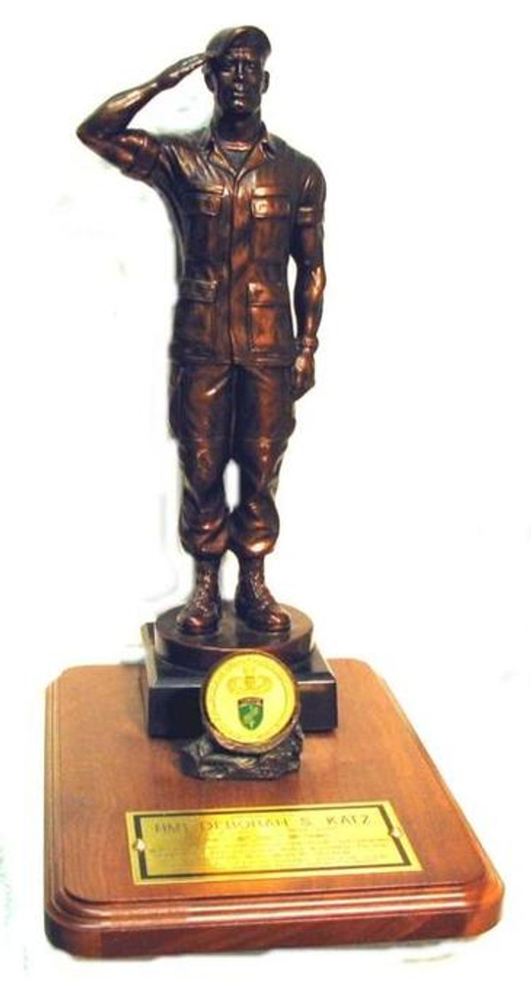 18" tall bronze tone saluting Soldier saluting military statue mounted on a 9" x 12" genuine walnut base with coin holder.  Coin not included Army medallion will be sent instead. 