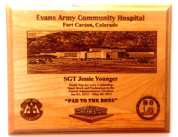 Recognition plaque, highly detailed laser engraved, 8" by 10" genuine red alder wood, Evans Community Hospital, Colorado