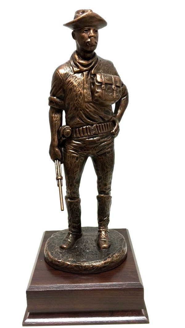 15-1/2" tall Buffalo Soldier 10th Cavalry standing bronze tone military statue mounted on a 6-1/2" long x 6-1/2" wide x 2" high laminated cherry base.