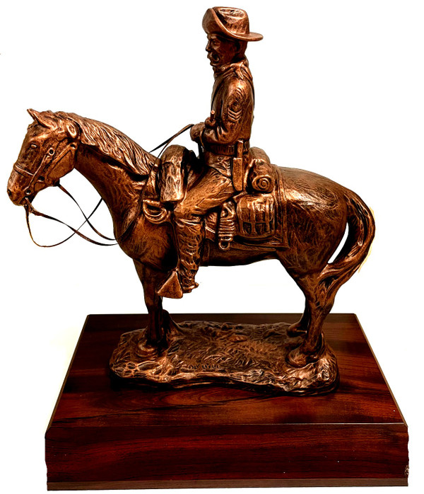 12" Total Height Buffalo Soldier "Old Bill" on Horse Bronze Tone Military Statue Mounted on a 11"W x 8"D x 1-1/2"H Cherry Finish Base.