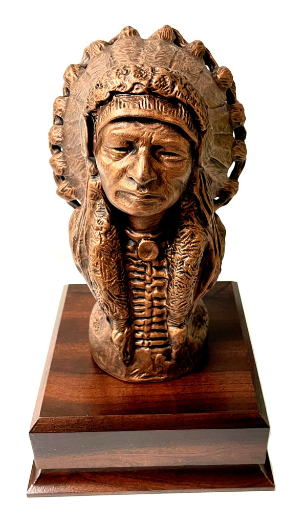 Indian Chief Cheyenne Military Statue with US Air Force CMSgt Insignia 8 inches tall mounted on 5.5 inches wide by 5.5 inches long by 2 inches tall, laminated cherry base.