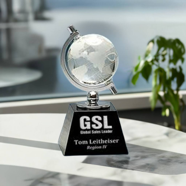 6 Inches Tall Premier Crystal Award World Globe Mounted on a Black Base.