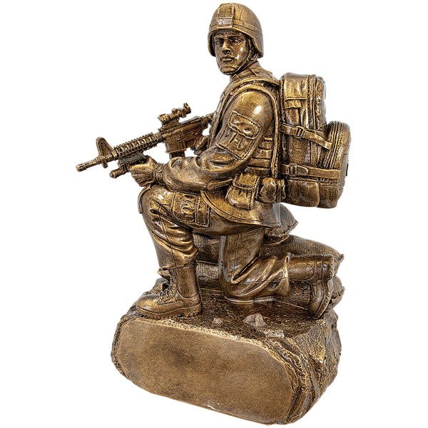 This is a stunning military statue gift of a soldier with a rifle kneeling on sandbags. It is 9.5 inches tall, 6 inches wide, and 4.5 inches deep. The engraving plate measures 4.5 by 1.5 inches and comes with free engraving.