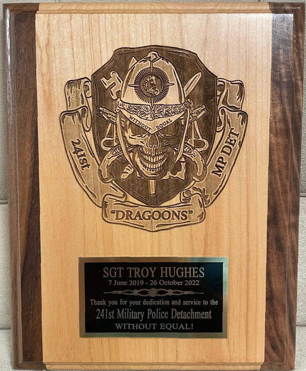 Plaque 8" x 10" highly detailed, laser engraved 241st Military Police Detachment with a 2-1/4 inches wide by 5 inches long laser engraved premium brass plate.  Displayed logo can be substituted.