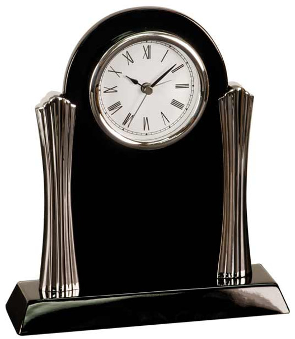 Clock desk black piano finish with gold metal columns 8-1/4 inches high by 7-1/2 inches wide, battery is included, with free engraving.