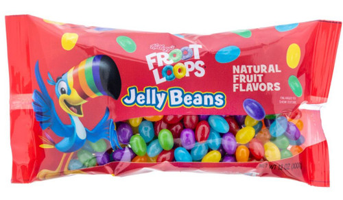 Froot Loops Jelly Beans have same great taste as the cereal in a convenient 12 oz bag.  Froot Loops Jelly Beans are the perfect sweet snack any time of the year.
