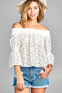 Women's 3/4 Three Quarter Long Sleeve Off Shoulder Floral Lace Top T396-MM3143-WHT-S