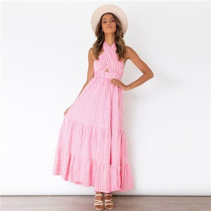 Europe and America Popular Backless Plaid Summer Beach Long Dress - Pink A392-fasd0190