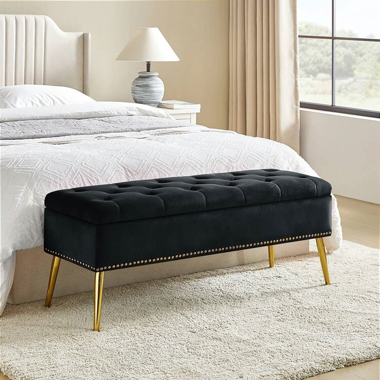 Mid-Century Modern End of Bed Storage Bench with Black Velvet Seat and Gold Legs Q280-BLKUFSB164825761