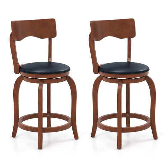 Swivel Bar Stools Set of 2 with Rubber Wood Frame and Upholstered Seat-24 Inch - Color: Black & Bro D681-JV11964ES-24