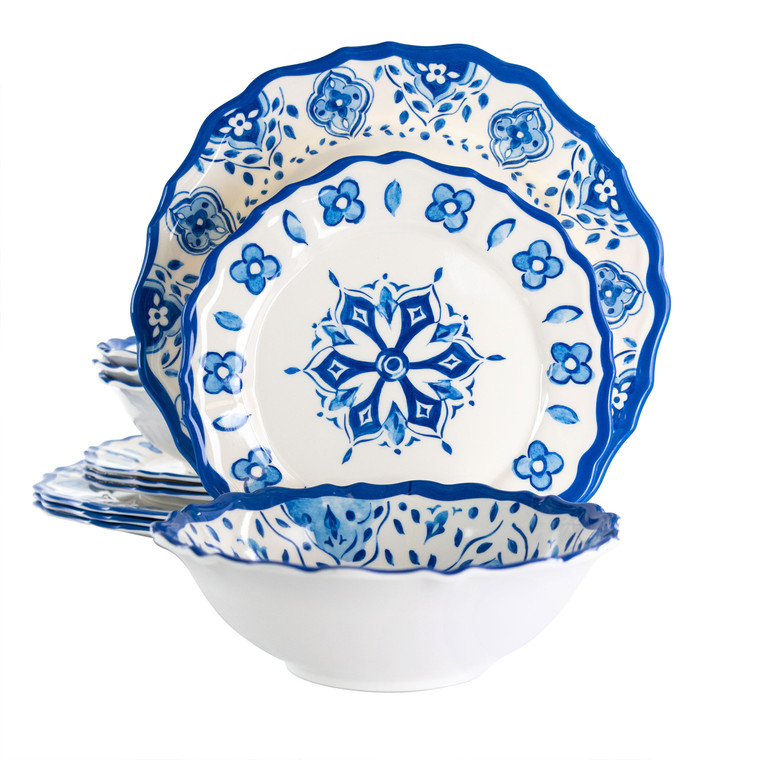 Elama Blue Garden 12 Piece Scalloped Lightweight Melamine Dinnerware Set in Blue D970-EL-BLUEGARDEN