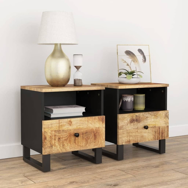  Bedside Cabinet Set of 2 Natural Mango Wood and Black A949-350649