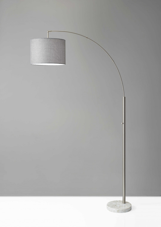 Reading Nook Floor Lamp Brushed Steel Arc Arm Adjustable Grey Fabric Shade N270-372711