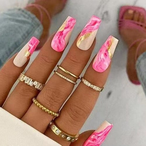 24 Pieces Set Pink Rock Flowing Gold Pattern Fashion Fake Nail Wholesale Nail Stickers A392-nstr0120