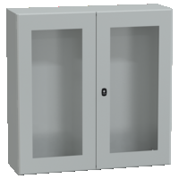 Cassetta in acciaio montata a parete. PanelSeT S3D. porta trasparente doppia senza