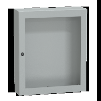 Cassetta in acciaio montata a parete. PanelSeT S3D. porta trasparente. senza