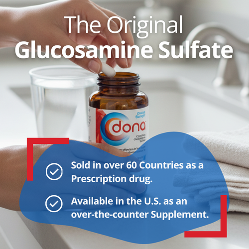Dona glucosamine sulfate supplement bottle near a glass of water, highlighting its original glucosamine sulfate formulation and global availability.