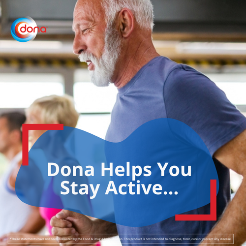 Active older man exercising in a fitness class, with Dona supplement branding and message about helping support an active lifestyle.