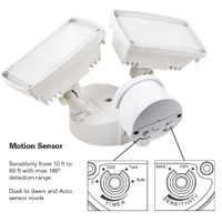 20W White LED Security 2 Head Floodlight with Motion Sensor Outdoor Wet Location