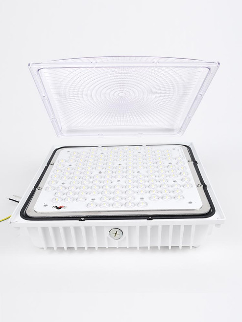 28W White LED Square Canopy and Garage Light with Sensor, DLC Premium listed and ETL qualified for wet locations, IP65 rated, low-profile design, die-cast aluminum housing