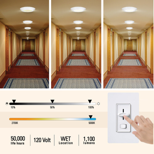 17W LED 7" Small Flush Mount Ceiling, dimmable, wet location, mounted using a 4-in junction box, 1100 lumens