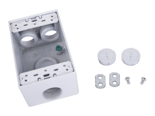 CLT Metal Weatherproof 1-Gang 2" Deep 3/4" Hole Weatherproof Rectangular Horizontal Electrical Outlet Box with 4 Outlet Holes, Four 3/4-Inch Holes, Single Gang, UL Listed, White. Pack of 20