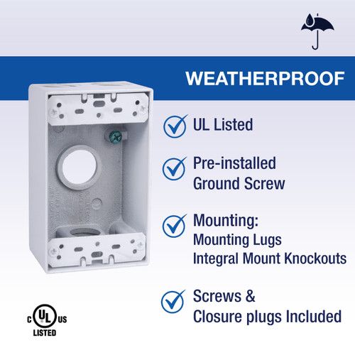 CLT Metal Weatherproof 1-Gang 2" Deep 3/4" Hole Weatherproof Rectangular Horizontal Electrical Outlet Box with 4 Outlet Holes, Four 3/4-Inch Holes, Single Gang, UL Listed, White. Pack of 20