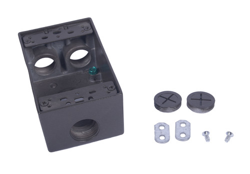 CLT Metal Weatherproof 1-Gang 2" Deep 3/4" Hole Weatherproof Rectangular Horizontal Electrical Outlet Box with 4 Outlet Holes, Four 3/4-Inch Holes, Single Gang, UL Listed, Bronze. Pack of 20