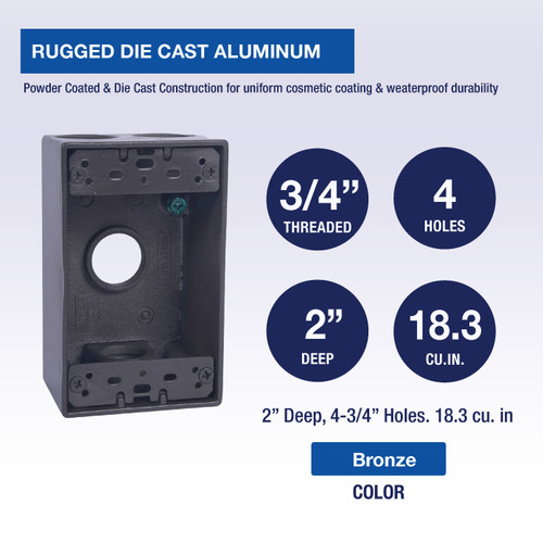 CLT Metal Weatherproof 1-Gang 2" Deep 3/4" Hole Weatherproof Rectangular Horizontal Electrical Outlet Box with 4 Outlet Holes, Four 3/4-Inch Holes, Single Gang, UL Listed, Bronze. Pack of 20