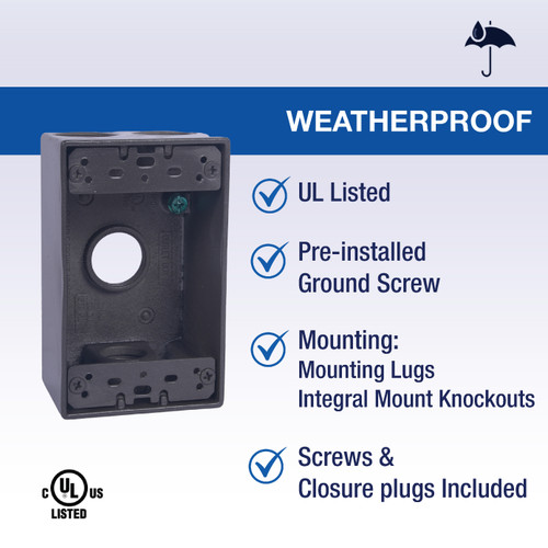 CLT Metal Weatherproof 1-Gang 2" Deep 3/4" Hole Weatherproof Rectangular Horizontal Electrical Outlet Box with 4 Outlet Holes, Four 3/4-Inch Holes, Single Gang, UL Listed, Bronze. Pack of 20