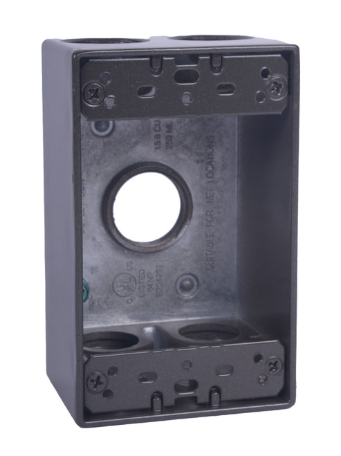 CLT Metal Weatherproof 1-Gang 2" Deep 3/4" Hole Weatherproof Rectangular Horizontal Electrical Outlet Box with 5 Outlet Holes, Five 3/4-Inch Holes, Single Gang, UL Listed, Bronze. Pack of 20