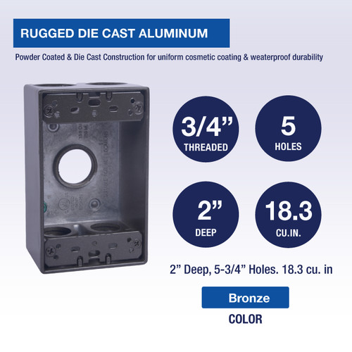 CLT Metal Weatherproof 1-Gang 2" Deep 3/4" Hole Weatherproof Rectangular Horizontal Electrical Outlet Box with 5 Outlet Holes, Five 3/4-Inch Holes, Single Gang, UL Listed, Bronze. Pack of 20