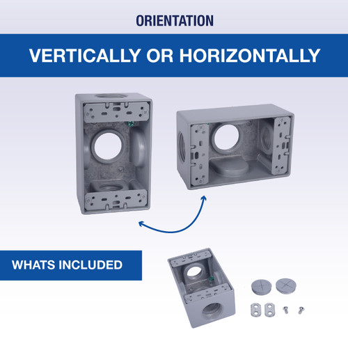CLT Metal Weatherproof 1-Gang 2" Deep 1" Hole Weatherproof Rectangular Horizontal Electrical Outlet Box with 3 Outlet Holes, Three 1-Inch Holes, Single Gang, UL Listed, Gray. Pack of 20
