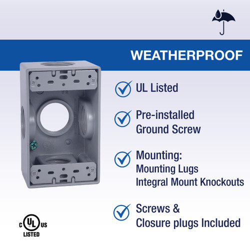 CLT Metal Weatherproof 1-Gang 2" Deep 1" Hole Weatherproof Rectangular Horizontal Electrical Outlet Box with 5 Outlet Holes, Five 1-Inch Holes, Single Gang, UL Listed, Gray. Pack of 20