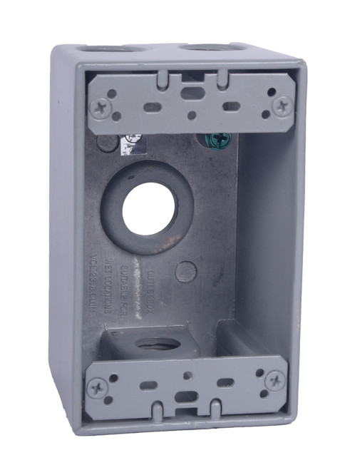 CLT Metal Weatherproof 1-Gang 2-5/8" Deep 1/2" Hole Weatherproof Rectangular Horizontal Electrical Outlet Box with 4 Outlet Holes, Four 1/2-Inch Holes, Single Gang, UL Listed, Gray. Pack of 15