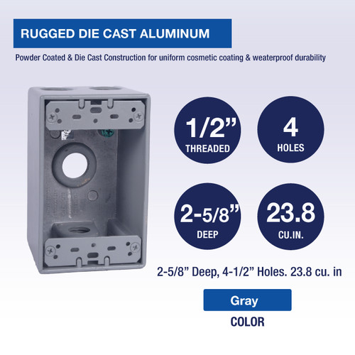 CLT Metal Weatherproof 1-Gang 2-5/8" Deep 1/2" Hole Weatherproof Rectangular Horizontal Electrical Outlet Box with 4 Outlet Holes, Four 1/2-Inch Holes, Single Gang, UL Listed, Gray. Pack of 15