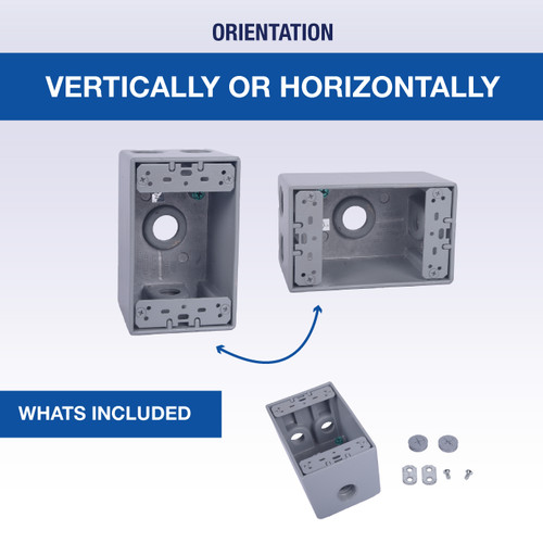 CLT Metal Weatherproof 1-Gang 2-5/8" Deep 1/2" Hole Weatherproof Rectangular Horizontal Electrical Outlet Box with 4 Outlet Holes, Four 1/2-Inch Holes, Single Gang, UL Listed, Gray. Pack of 15
