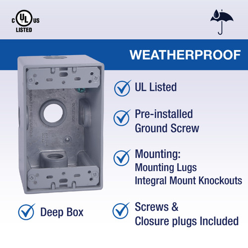 CLT Metal Weatherproof 1-Gang 2-5/8" Deep 1/2" Hole Weatherproof Rectangular Horizontal Electrical Outlet Box with 5 Outlet Holes, Five 1/2-Inch Holes, Single Gang, UL Listed, Gray. Pack of 15