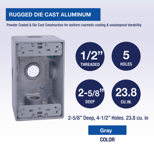 CLT Metal Weatherproof 1-Gang 2-5/8" Deep 1/2" Hole Weatherproof Rectangular Horizontal Electrical Outlet Box with 5 Outlet Holes, Five 1/2-Inch Holes, Single Gang, UL Listed, Gray. Pack of 15