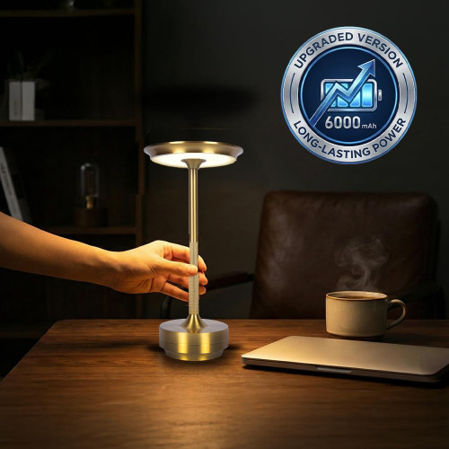 6000mAH for longer battery life. Cordless Table Lamps Rechargeable, Portable Lamp, Stepless Dimming LED Table Light with Memory Function, for Outdoor/Dinner/Patio/Restaurant, (Gold)
