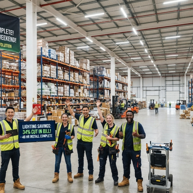Interior of retrofitted distribution warehouse with LED high bay lighting