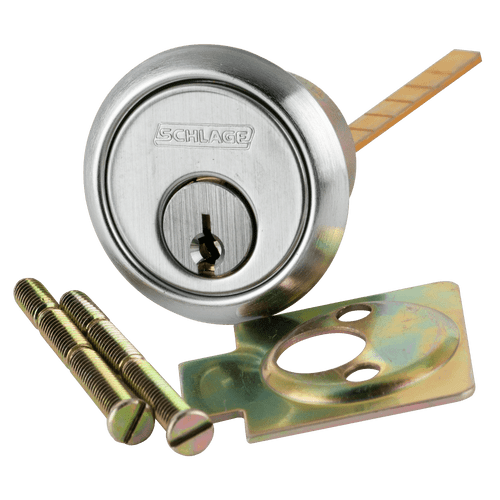 Rim Cylinder, 6-pin, C Keyway, Keyed Different, Horizontal Tailpiece Cam, 2 Keys, Satin Chrome Finish