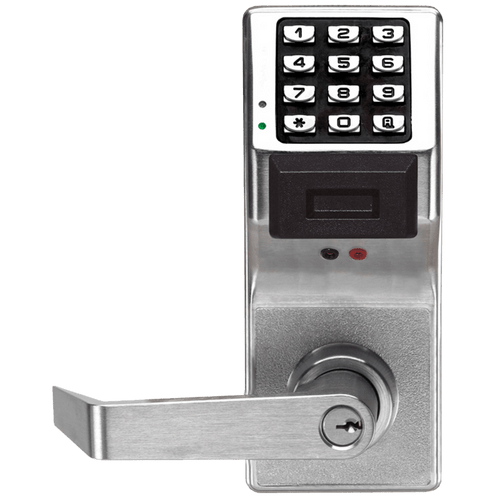 Pushbutton Cylindrical Door Lock with Prox Reader | 2000 Users, 40000 Event Audit Trail | Straight Lever | Satin Chrome Finish | Non-Handed