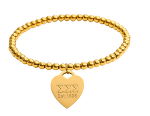 Sigma Sigma Sigma - Gold Bead Bracelet - Heart Tag Sigma Sigma Sigma - Gold Bead Bracelet - Heart Tag