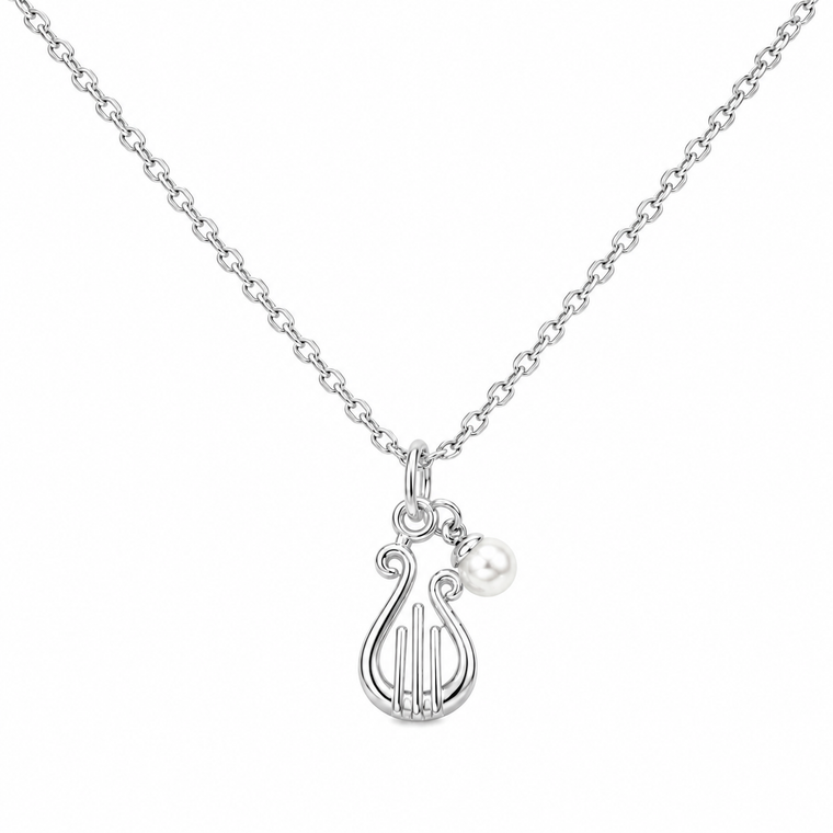 Lyre Symbol Necklace w/ Pearl Drop - Silver