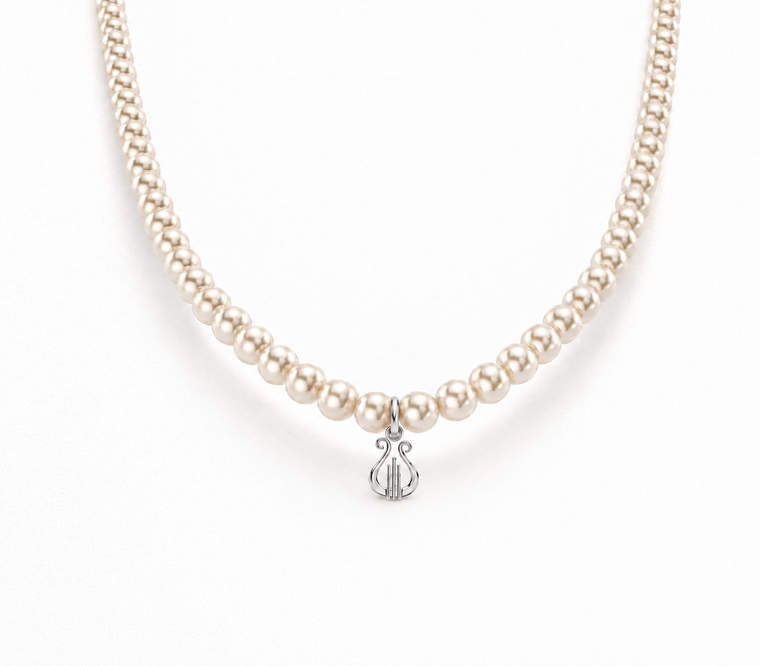 pearl necklace with silver lyre